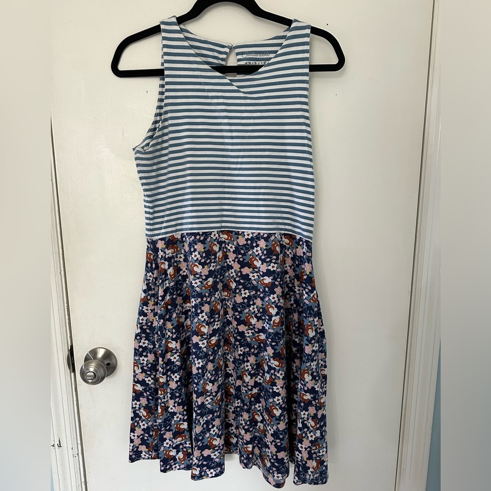 Pact fit and flare striped and floral dress.